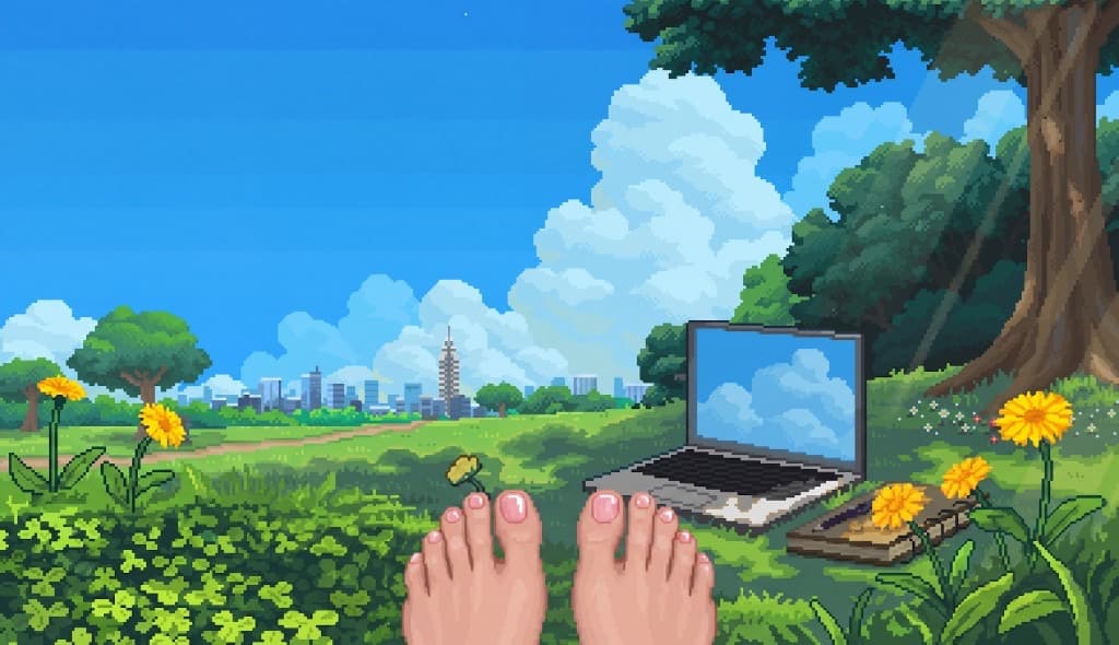 Blick über die eigenen Füsse auf eine Wiese mit Laptop und Stadt am Horizont